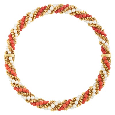 Lot 154 - Twisted Gold, Coral Bead and Cultured Pearl Necklace/Bracelets Combination, Van Cleef & Arpels, France