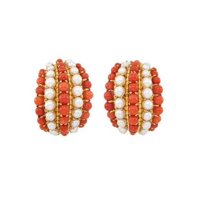 Lot 153 - Pair of Gold, Coral and Cultured Pearl Earclips, Van Cleef & Arpels, France