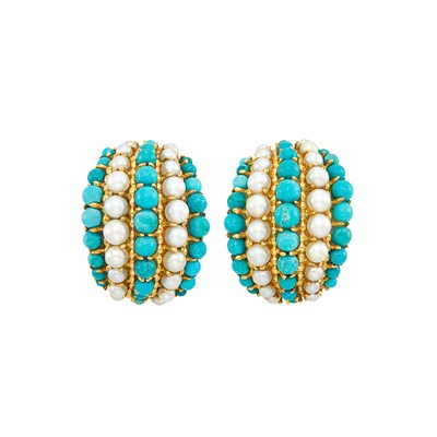 Lot 146 - Pair of Gold, Turquoise and Cultured Pearl Earclips, Van Cleef & Arpels, France