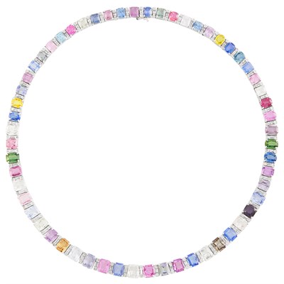Lot 61 - White Gold, Multicolored Sapphire, Diamond Necklace