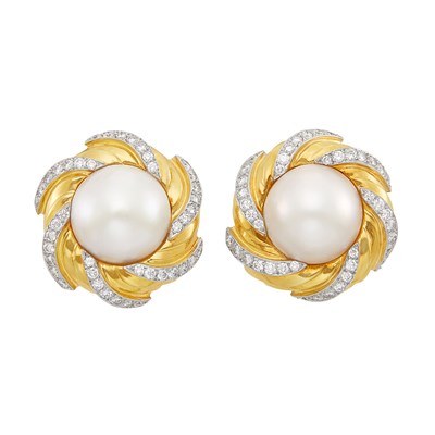 Lot 240 - Pair of Gold, Platinum, Mabé Pearl and Diamond Earrings