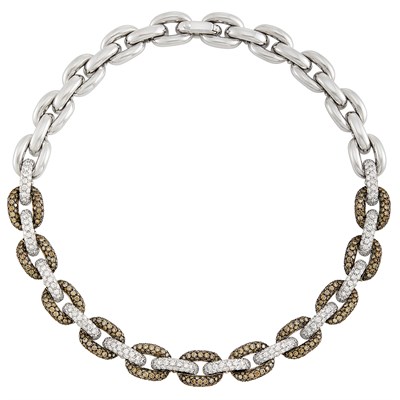 Lot 289 - White and Blackened Gold, Diamond and Brown Diamond Link Necklace