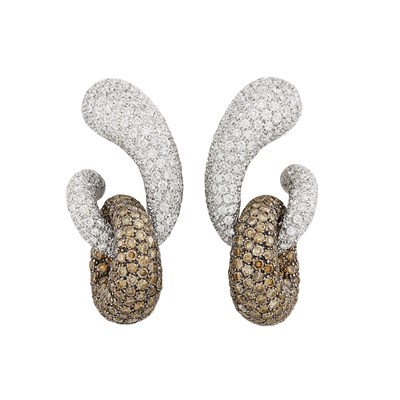 Lot 290 - Pair of White and Blackened Gold, Diamond and Brown Diamond Pendant-Earclips
