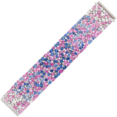 Lot 242 - Wide Platinum, Pink and Blue Sapphire and Diamond Mesh Bracelet and Pair of Pendant-Earrings