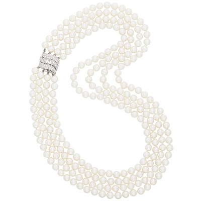 Lot 824 - Four Strand Cultured Pearl Necklace with White Gold and Diamond Clasp