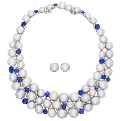 Lot 236 - White Gold, Light Gray Freshwater Pearl, Star Sapphire and Diamond Necklace and Pair of Earrings