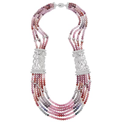 Lot 1427 - Multistrand Multicolored Tourmaline Bead, White Gold and Diamond Necklace