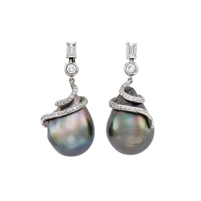Lot 765 - Pair of White Gold, Diamond and Gray Baroque Cultured Pearl Pendant-Earrings