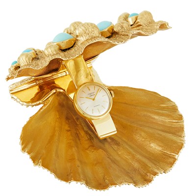 Lot 128 - Gold and Turquoise Shell Desk Clock, Marguerite Stix, International Watch Co., Retailed by Cartier, Ref. 2228