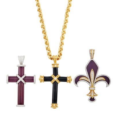 Lot 70 - Gold, Black Onyx and Diamond Cross Pendant with Chain Necklace and Two Cross and Fleur-de-Lys Pendants, Theo Fennel