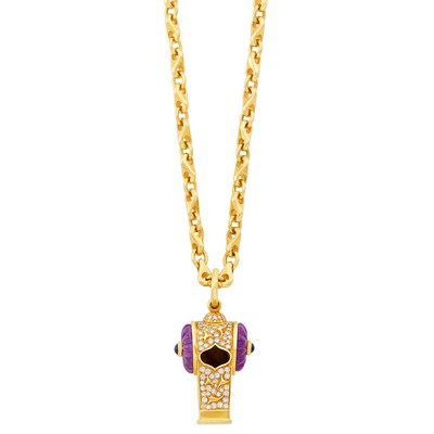 Lot 25 - Gold, Diamond, Fluted Amethyst, Cabochon Sapphire and Diamond Whistle Pendant with Long Chain Necklace, Harry Winston