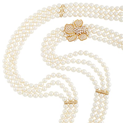 Lot 165 - Long Triple Strand Cultured Pearl, Gold and Diamond Necklace with Diamond Flower Clasp