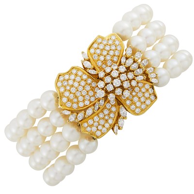 Lot 163 - Four Strand Cultured Pearl, Gold and Diamond Bracelet