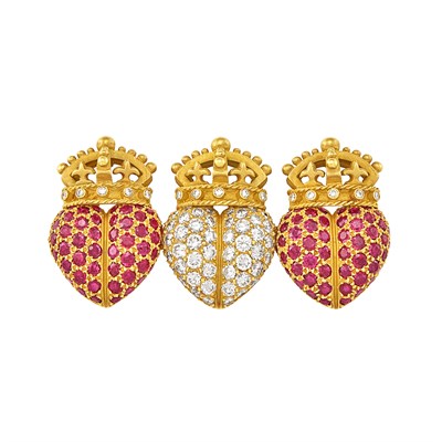 Lot 281 - Gold, Diamond and Ruby Hearts and Crowns Clip-Brooch, Barry Kieselstein-Cord