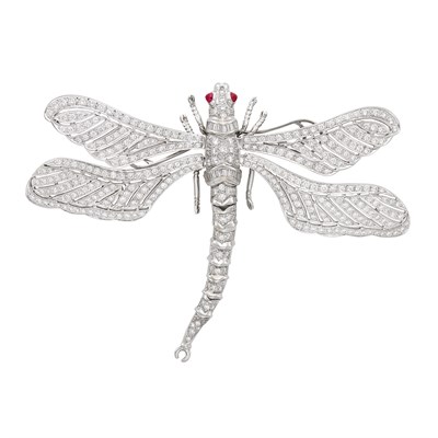 Lot 209 - White Gold, Platinum, Diamond and Ruby Dragonfly Brooch