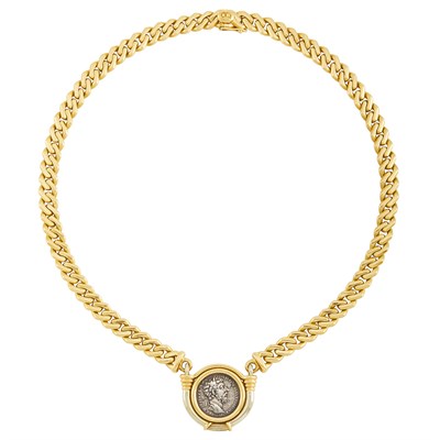 Lot 394 - Two-Color Gold and Ancient Coin Curb Link 'Monete' Necklace, Bulgari