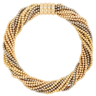 Lot 2 - Multistrand Tricolor Gold Bead and Diamond Torsade Necklace, Poiray, France