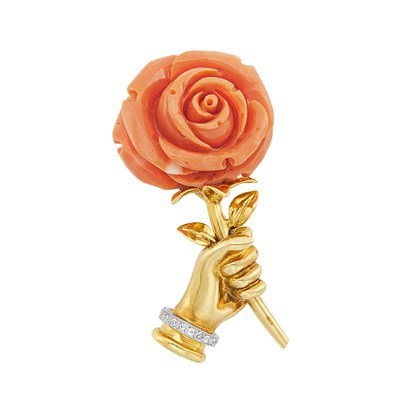 Lot 388 - Gold, Platinum, Carved Coral Rose and Diamond Brooch, Cartier, London