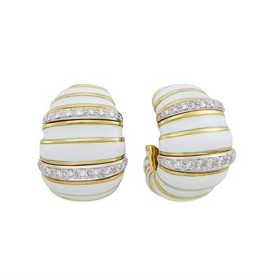 Lot 79 - Pair of Gold, Platinum, White Enamel and Diamond Hoop Earclips, David Webb