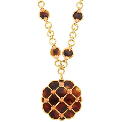 Lot 392 - Long Gold, Tortoise Shell and Coral Pendant-Necklace/Bracelet Combination, Boucheron, Paris