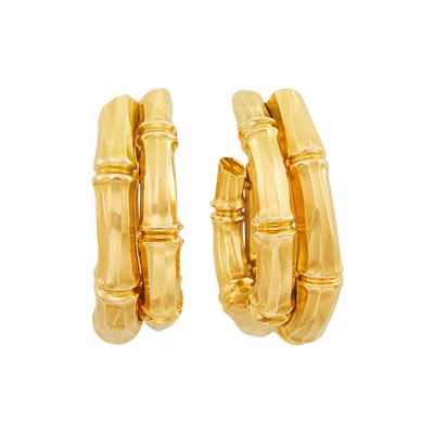 Lot 397 - Pair of Gold Bamboo Hoop Earclips, Cartier, France