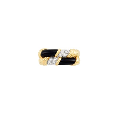 Lot 379 - Gold, Platinum, Black Onyx and Diamond Double Band Ring, Van Cleef & Arpels, France