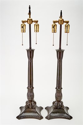 Lot 292 - Pair of Patinated Metal Columnar Table Lamps...