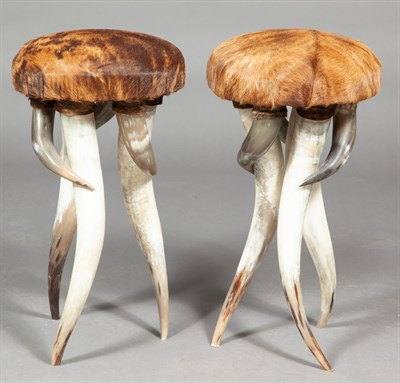 Lot 412 - Pair of Cow Hide and Horn Tall Stools Height...