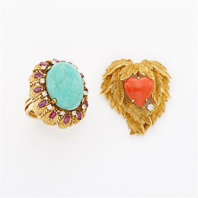 Lot 1303 - Gold, Coral and Diamond Brooch, Erwin Pearl, and Gold, Amazonite, Ruby and Diamond Ring