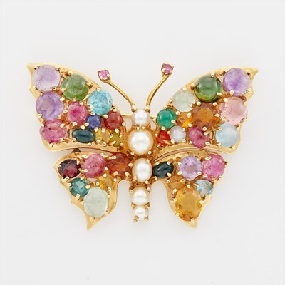 Lot 1302 - Gold and Multicolored Stone and Cultured Pearl Butterfly Brooch