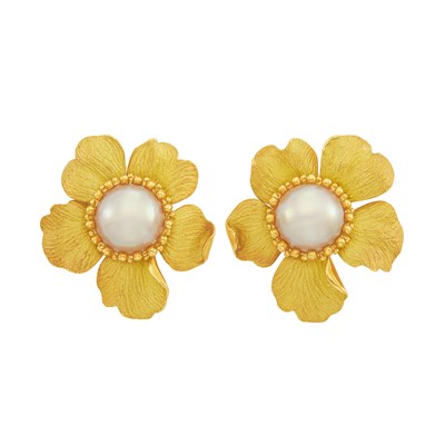 Lot 291 - Pair of Gold and Mabé Pearl 'Wild Rose' Flower Earclips, Tiffany & Co.