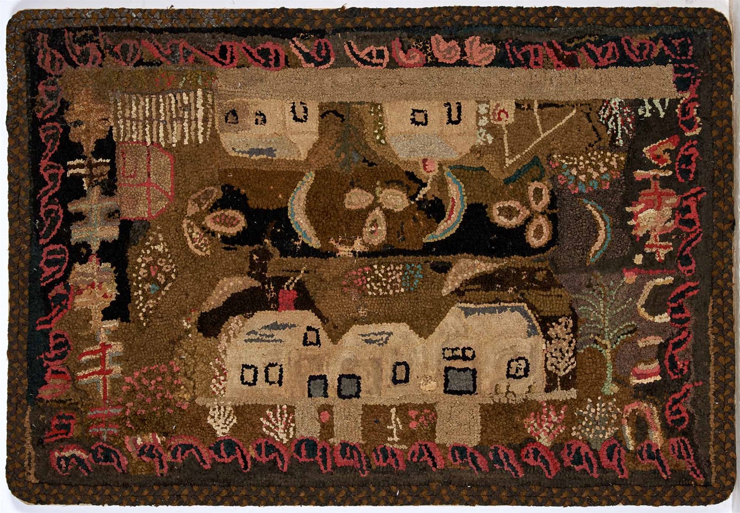Lot 212 - Hooked Rug Depicting six houses around border...