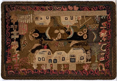 Lot 212 - Hooked Rug Depicting six houses around border...