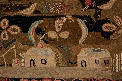 Lot 212 - Hooked Rug Depicting six houses around border...