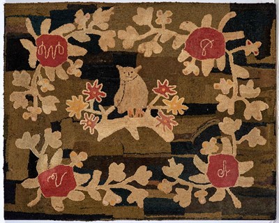 Lot 191 - Two Hooked Rugs Depicting owls with leaf...