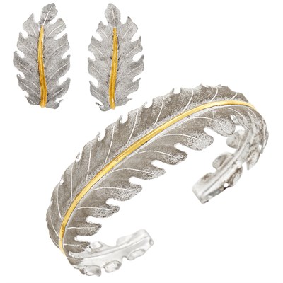 Lot 382 - Silver and Gold Leaf Bangle Bracelet and Pair of Earrings, Buccellati