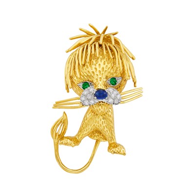 Lot 634 - Gold, Diamond, Cabochon Sapphire and Emerald Lion Brooch