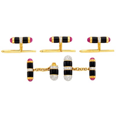 Lot 481 - Two-Color Gold, Black Onyx, Diamond and Cabochon Ruby Dress Set