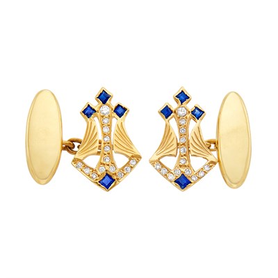 Lot 1176 - Pair of Gold, Diamond and Sapphire Cufflinks