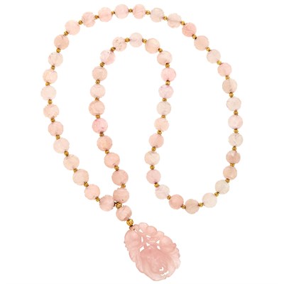 Lot 1450 - Carved Rose Quartz and Gold Bead Pendant-Necklace