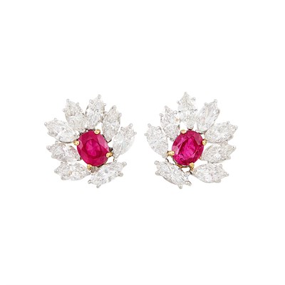 Lot 481 - Pair of Platinum, Gold, Ruby and Diamond Earrings