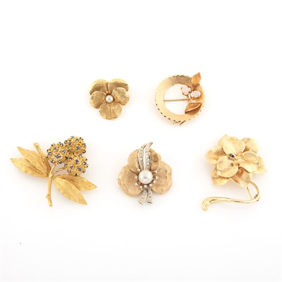 Lot 1382 - Group of Five Gold, Diamond and Gem-Set Flower Pins