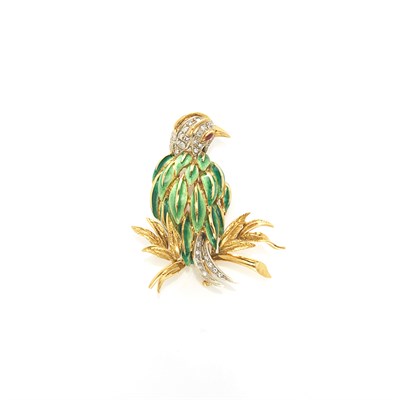 Lot 1554 - Gold, Enamel and Diamond Bird Pin