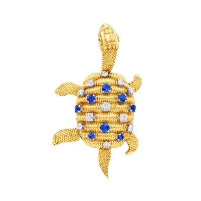 Lot 640 - Gold, Diamond and Sapphire Turtle Clip-Brooch, France