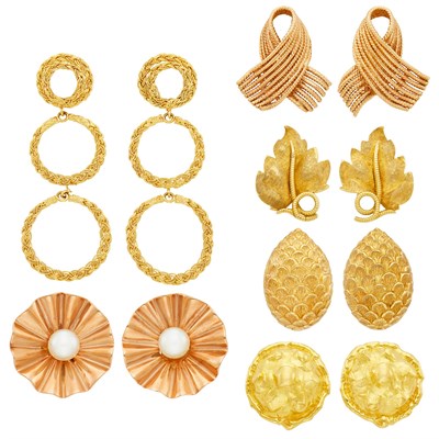 Lot 647 - Five Pairs of Gold Earclips and Pair of Rose Gold and Cultured Pearl Earclips
