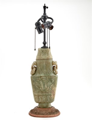 Lot 229 - Chinese Carved Green Hardstone Lamp Of...