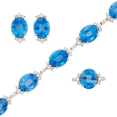 Lot 212 - White Gold, Blue Topaz and Diamond Bracelet, Ring and Pair of Earclips
