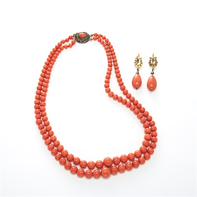 Lot 1634 - Double Strand Coral Bead Necklace with Silver and Coral Clasp and Pair of Gold, Silver, Coral and Diamond Pendant-Earrings