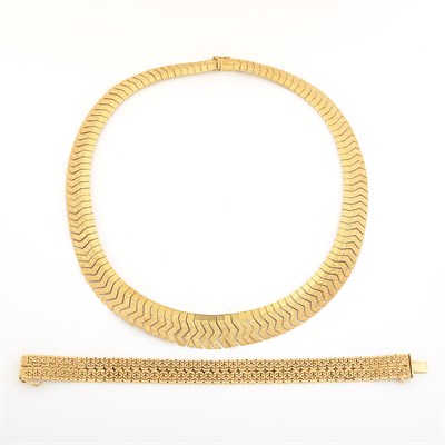 Lot 1608 - Gold Fringe Necklace and Two-Color Gold Bracelet