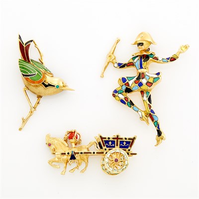 Lot 1606 - Three Gold and Enamel Brooches